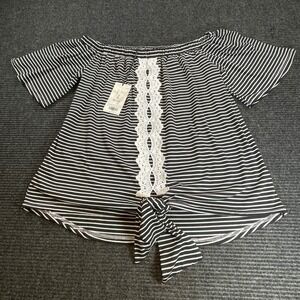 & the why Striped Off the Shoulder Top‎ Small Black White Lace Front Tie NWT